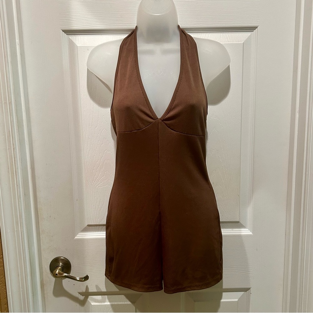 SHEIN Chocolate Ribbed Halter Romper One Piece Summer Party Stretch Sz Small
